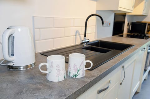 Fridge, dishwasher, electric kettle, cookware/dishes/utensils