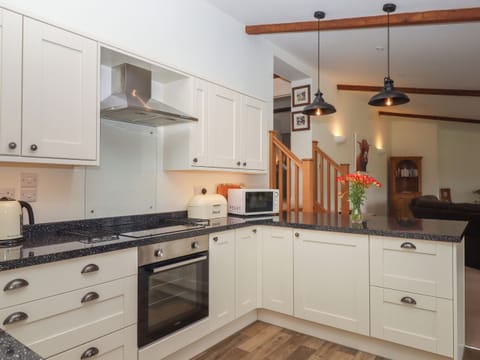 Fridge, electric kettle, toaster, cookware/dishes/utensils