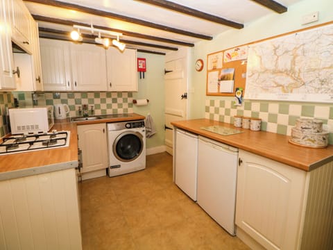 Fridge, electric kettle, toaster, cookware/dishes/utensils