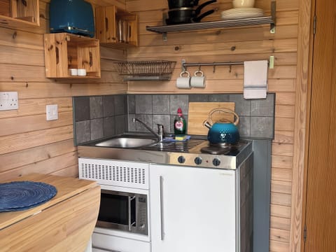 Fridge, electric kettle, cookware/dishes/utensils