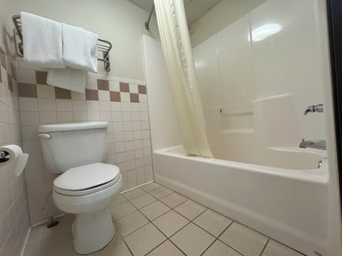 Combined shower/tub, hair dryer, towels, soap