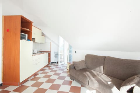 Comfort Apartment, 1 Bedroom, Terrace, Sea View | Private kitchenette | Full-size fridge, microwave, stovetop, coffee/tea maker