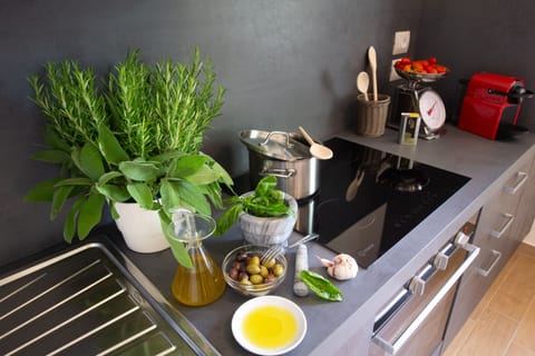 Full-size fridge, microwave, oven, stovetop