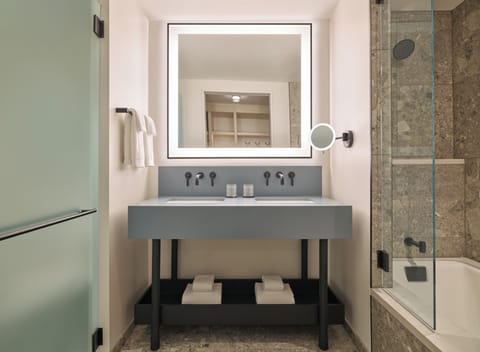 Hair dryer, bathrobes, towels, soap