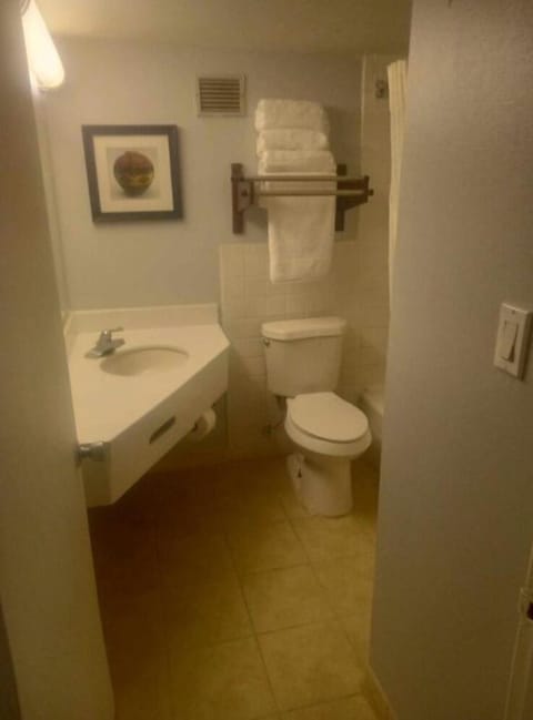 Combined shower/tub, free toiletries, towels, soap