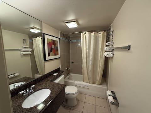 Bathtub, towels, soap, shampoo