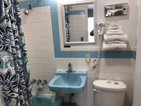 Combined shower/tub, free toiletries, hair dryer, towels
