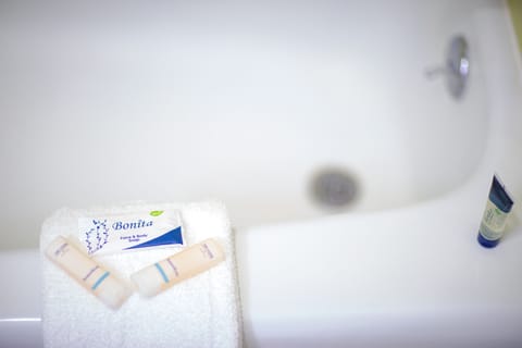 Combined shower/tub, free toiletries, hair dryer, towels