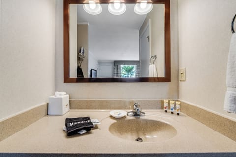 Combined shower/tub, hair dryer, towels, soap