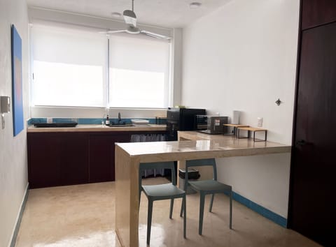 Fridge, microwave, stovetop, blender