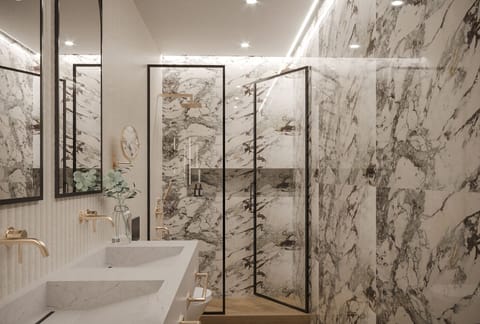 Shower, rainfall showerhead, eco-friendly toiletries, hair dryer