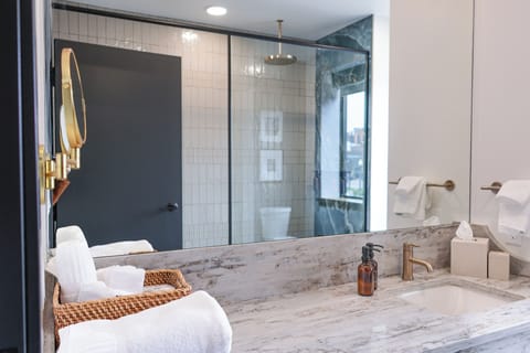 Shower, rainfall showerhead, hair dryer, slippers