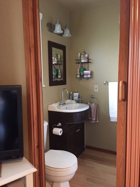 Combined shower/tub, free toiletries, hair dryer, bathrobes