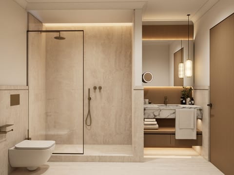 Rainfall showerhead, free toiletries, hair dryer, bathrobes