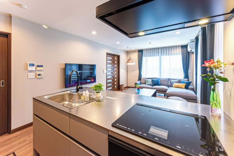 Fridge, microwave, stovetop, electric kettle