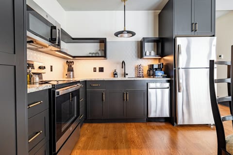 2BR Iconic Penthouse + Private Patio | The Mayfair | Private kitchen | Microwave, coffee/tea maker, highchair, eco-friendly cleaning products