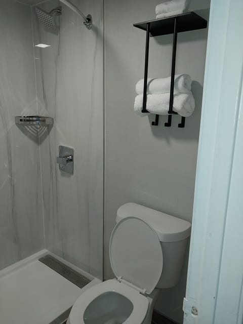 Single Room, 1 King Bed | Bathroom | Shower, towels, soap, shampoo