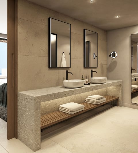 Shower, hair dryer, slippers, towels