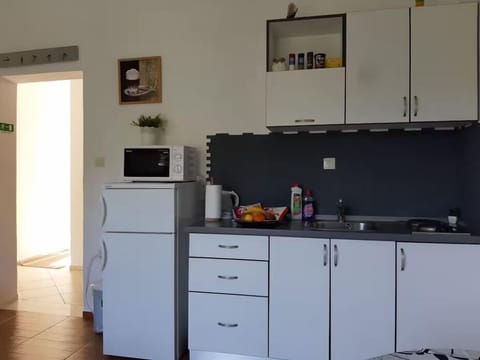 Fridge, microwave, stovetop, electric kettle