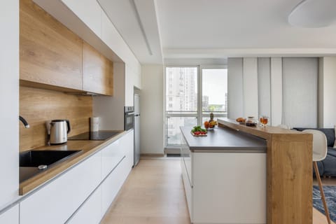 Comfort Apartment, Balcony, City View | Private kitchen | Full-size fridge, microwave, oven, stovetop