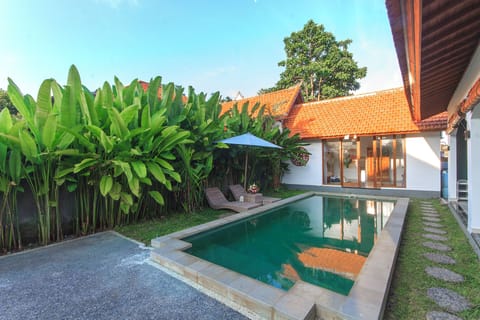 Outdoor pool, pool umbrellas, sun loungers
