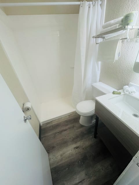 Shower, towels, soap, toilet paper