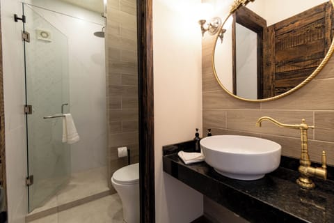 Shower, free toiletries, towels, soap