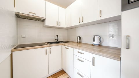 Apartment (406) | Private kitchen | Fridge, stovetop, electric kettle, cookware/dishes/utensils