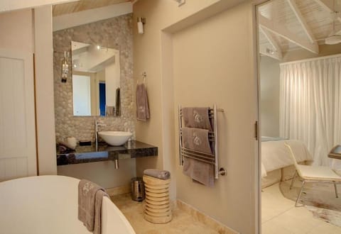 Separate tub and shower, free toiletries, hair dryer, bathrobes