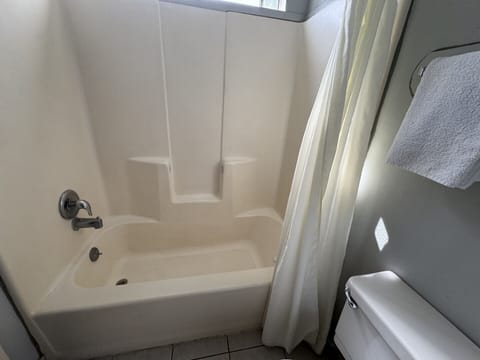 Hair dryer, towels, soap, shampoo