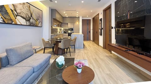 Superior Apartment, 1 Bedroom, Pool View | Living area | 55-inch Smart TV with cable channels