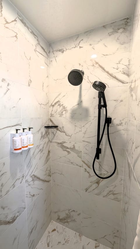 Shower, hydromassage showerhead, hair dryer, towels