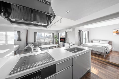 Full-size fridge, microwave, stovetop, electric kettle