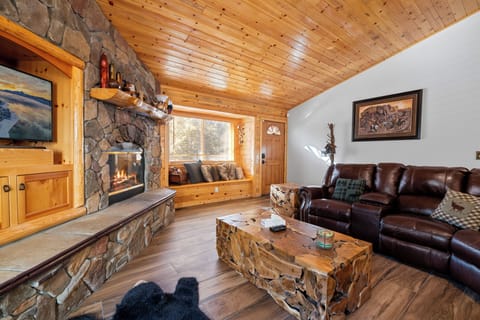Flat-screen TV, fireplace