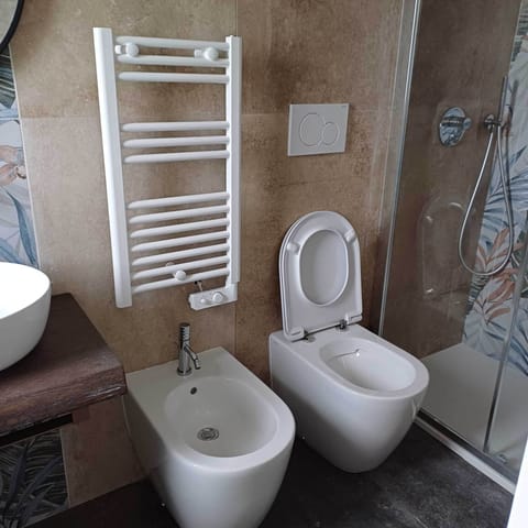 Hair dryer, slippers, towels, soap