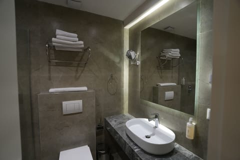 Shower, free toiletries, hair dryer, towels