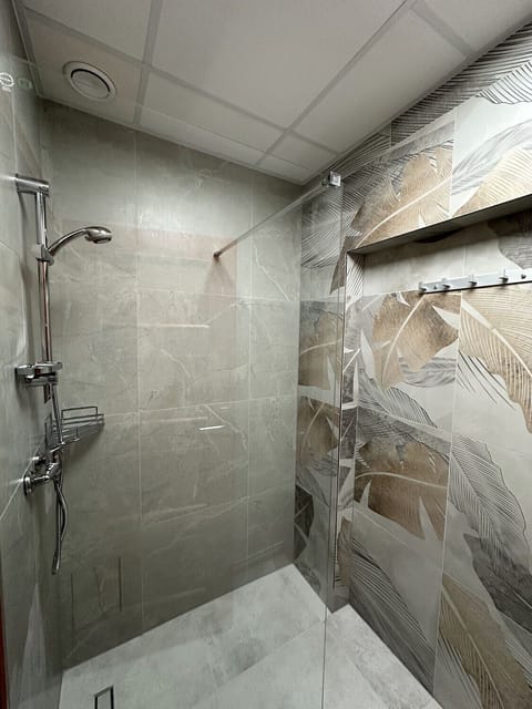 Shower, towels, soap, toilet paper