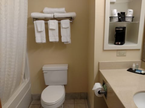 Combined shower/tub, free toiletries, hair dryer, towels