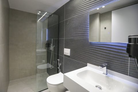 Shower, hair dryer, slippers, towels