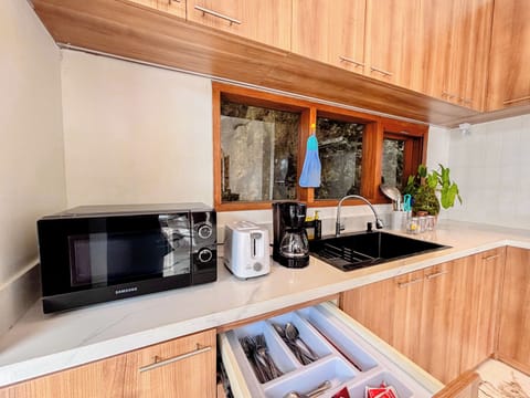 Full-size fridge, microwave, cookware/dishes/utensils