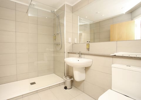 Shower, free toiletries, hair dryer, towels