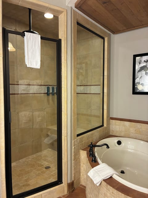 Combined shower/tub, deep soaking tub, free toiletries, hair dryer