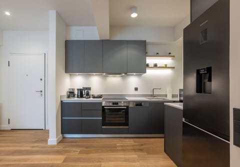 Deluxe Apartment, Balcony, City View | Private kitchen | Full-size fridge, microwave, oven, stovetop