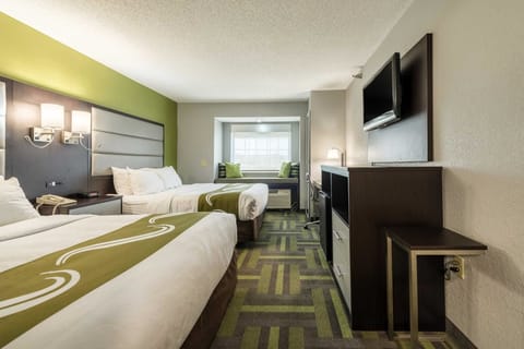 Desk, laptop workspace, blackout drapes, iron/ironing board