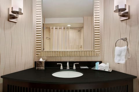 Combined shower/tub, designer toiletries, hair dryer, bathrobes