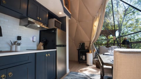 Luxury dome, lake view | Private kitchen | Fridge, microwave, stovetop, cookware/dishes/utensils