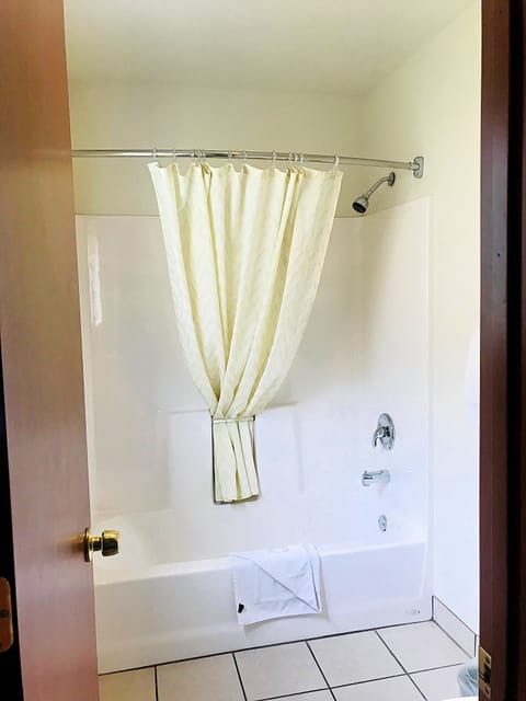 Combined shower/tub, free toiletries, hair dryer, towels