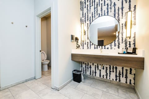 Shower, hair dryer, soap, shampoo