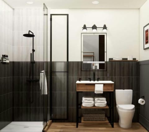 Shower, designer toiletries, bathrobes, towels