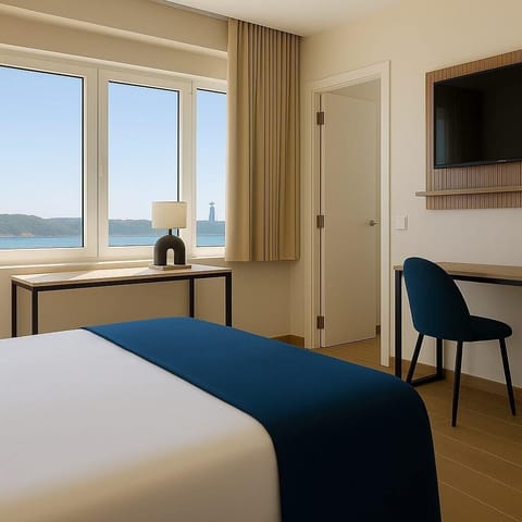 Comfort Double or Twin Room, Partial Sea View | In-room safe, desk, laptop workspace, blackout drapes